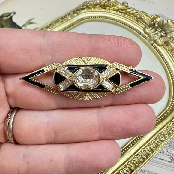 Vintage Jewelry Art Deco Black and Gold Tone Rhinestone Modern Brooch - Picture 13 of 14